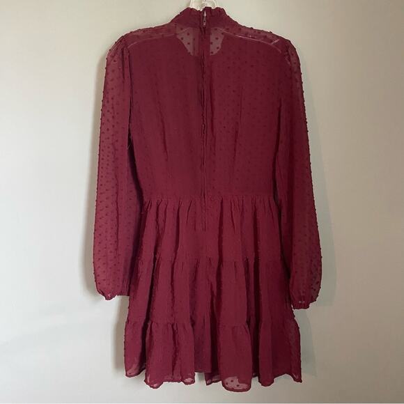 Altar’d State Swiss Dot Burgundy High Neck Sheer Dress - Picture 5 of 5